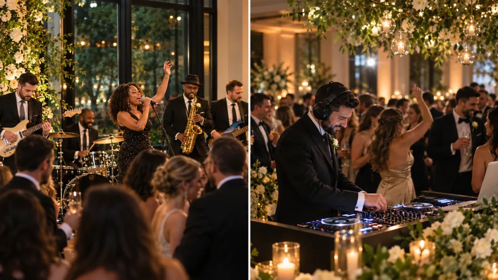 Split image of a live wedding band and a DJ performing at an evening wedding reception