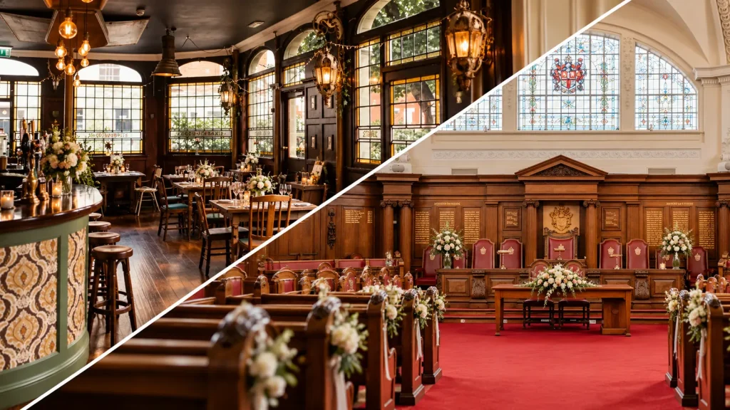 Two views showing the Prince Albert pub interior and Islington Town Hall council chamber.