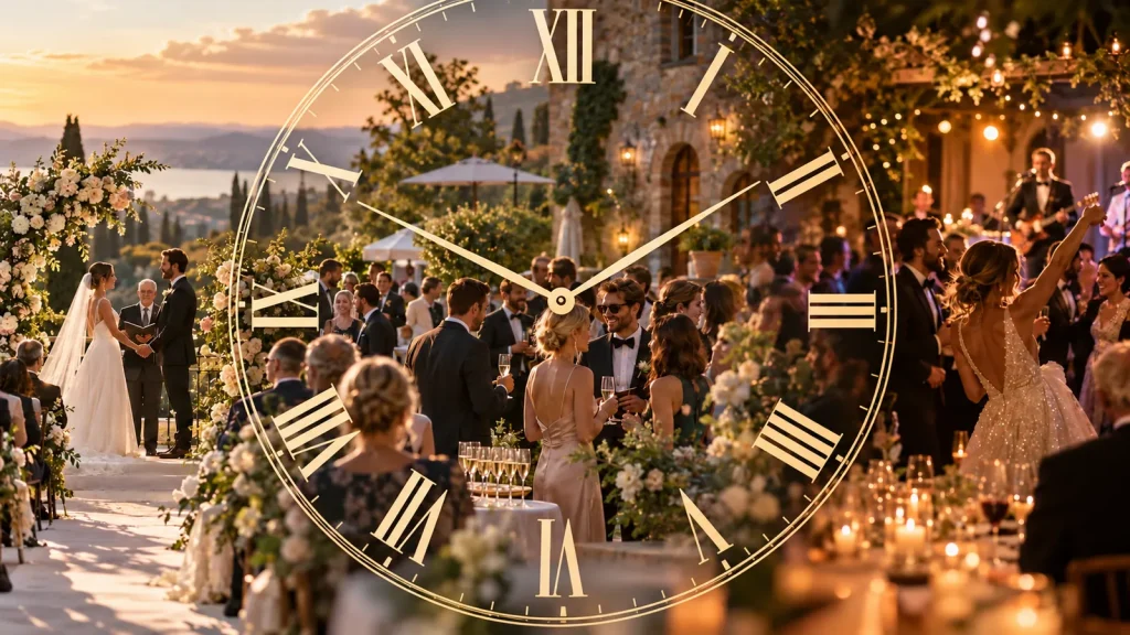Wedding day from ceremony to evening reception with a large clock overlaid to represent timing and delays