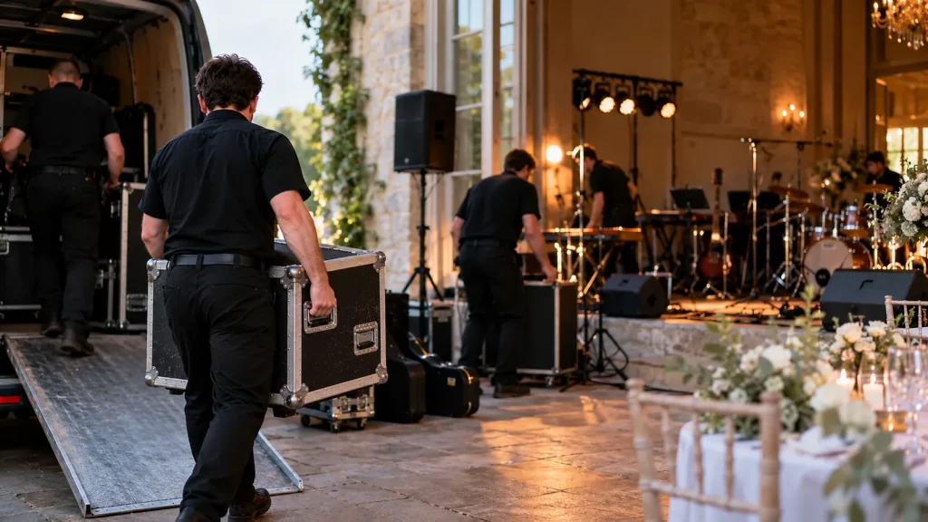 Event crew carrying sound equipment into a wedding venue while a live band setup is prepared